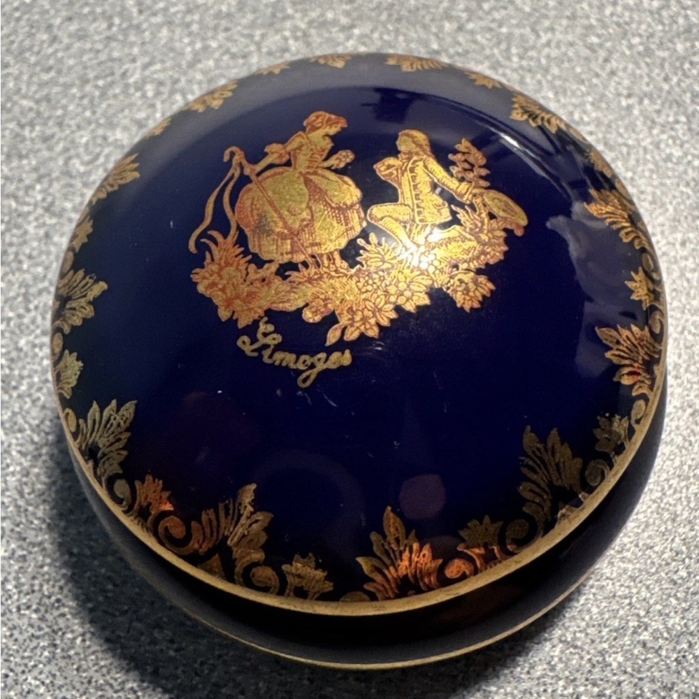 Limoges Castle Trinket Box, Cobalt Blue With Gold Trim 2" X 1" France 60's-80's